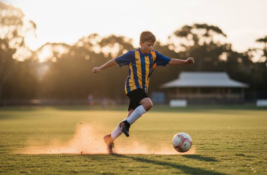 Dynamic Elsternwick junior sports photography of a young athlete scoring a winning goal, captured mid-action with dramatic lighting and a blurred background, showcasing an epic moment of triumph.