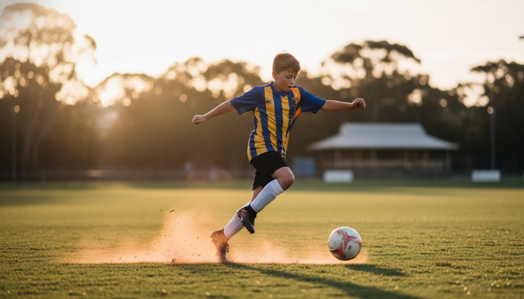 Dynamic Elsternwick junior sports photography of a young athlete scoring a winning goal, captured mid-action with dramatic lighting and a blurred background, showcasing an epic moment of triumph.