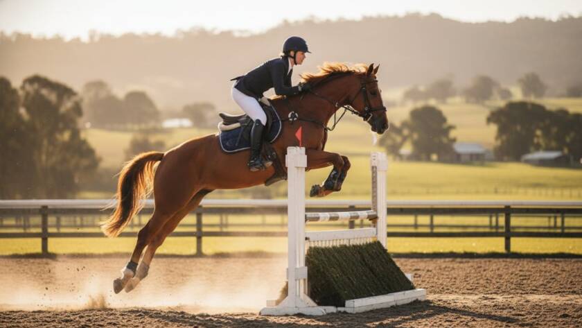 An epic moment of a horse and rider mid-gallop during a show jumping event, expertly captured through Dynamic Equestrian Photography Exford Victoria, showcasing the athlete's focus and the horse's power under dramatic golden hour lighting.