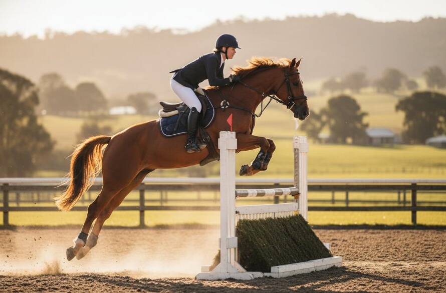 An epic moment of a horse and rider mid-gallop during a show jumping event, expertly captured through Dynamic Equestrian Photography Exford Victoria, showcasing the athlete's focus and the horse's power under dramatic golden hour lighting.