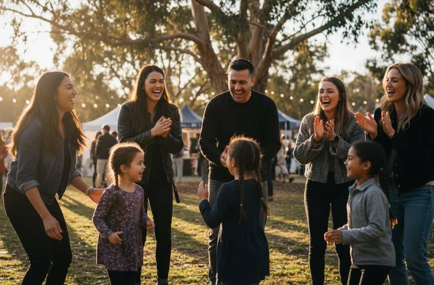 An epic moment of joyful laughter and vibrant interaction captured through dynamic event photography at a Box Hill South community celebration, featuring diverse people connecting under festive lights.