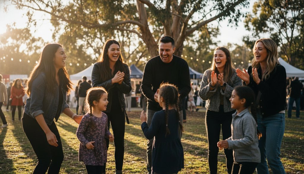 An epic moment of joyful laughter and vibrant interaction captured through dynamic event photography at a Box Hill South community celebration, featuring diverse people connecting under festive lights.