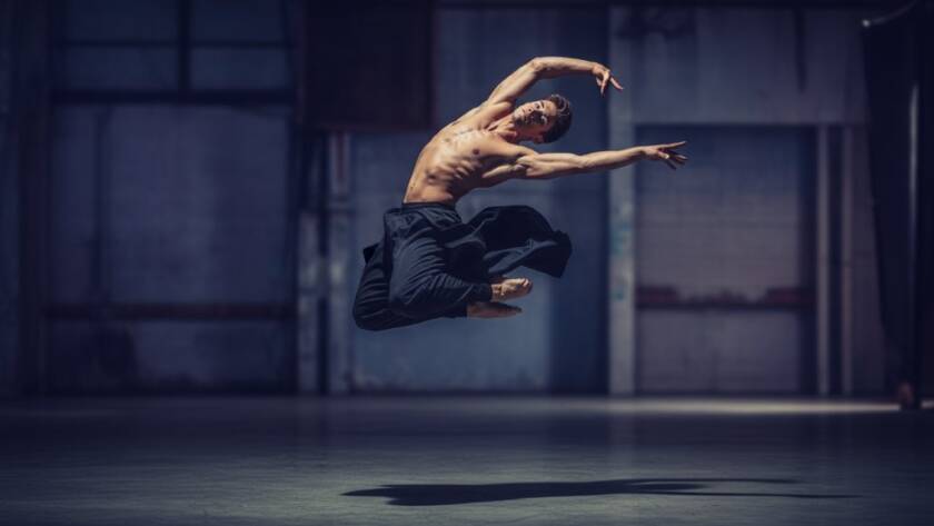 An epic moment captured: a dancer in mid-air performing a powerful leap against a soft-focus background, showcasing dynamic Ferntree Gully dance photography portraits with dramatic lighting and professional colour grading.