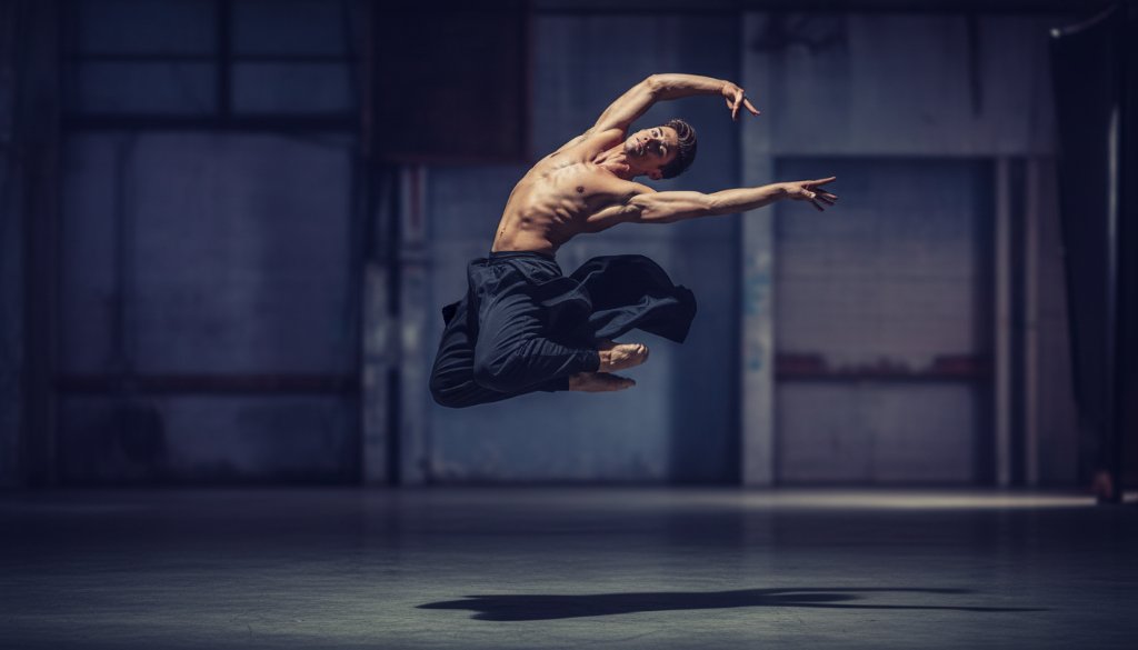 An epic moment captured: a dancer in mid-air performing a powerful leap against a soft-focus background, showcasing dynamic Ferntree Gully dance photography portraits with dramatic lighting and professional colour grading.