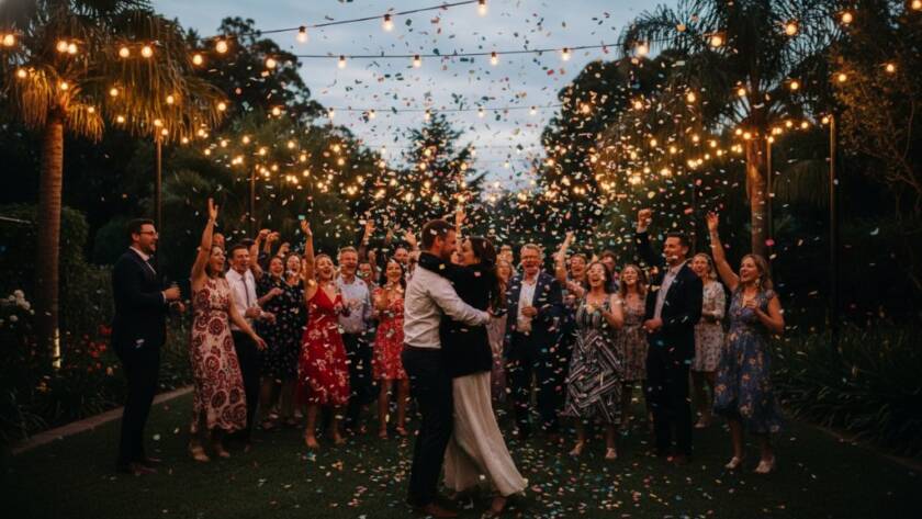 An epic moment captured in dynamic Forest Hill party photography for unforgettable celebrations, showing guests laughing and dancing under sparkling fairy lights at a beautifully decorated garden venue during a lively twilight party.