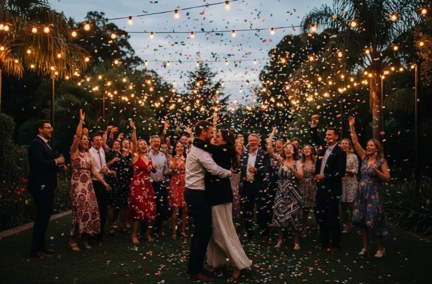 An epic moment captured in dynamic Forest Hill party photography for unforgettable celebrations, showing guests laughing and dancing under sparkling fairy lights at a beautifully decorated garden venue during a lively twilight party.