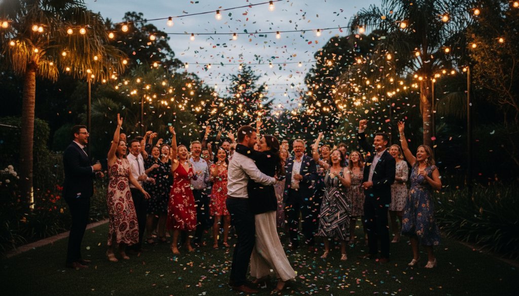 An epic moment captured in dynamic Forest Hill party photography for unforgettable celebrations, showing guests laughing and dancing under sparkling fairy lights at a beautifully decorated garden venue during a lively twilight party.