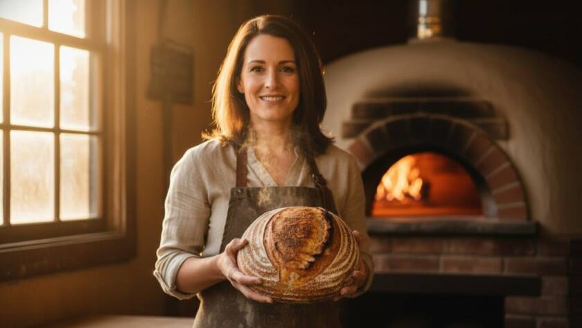 Dynamic Frankston North branding photography for small businesses: A Frankston North artisan baker, beaming with pride, presents a beautifully crafted sourdough loaf, bathed in warm sunlight in a rustic bakery, captured in an epic, vibrant moment.