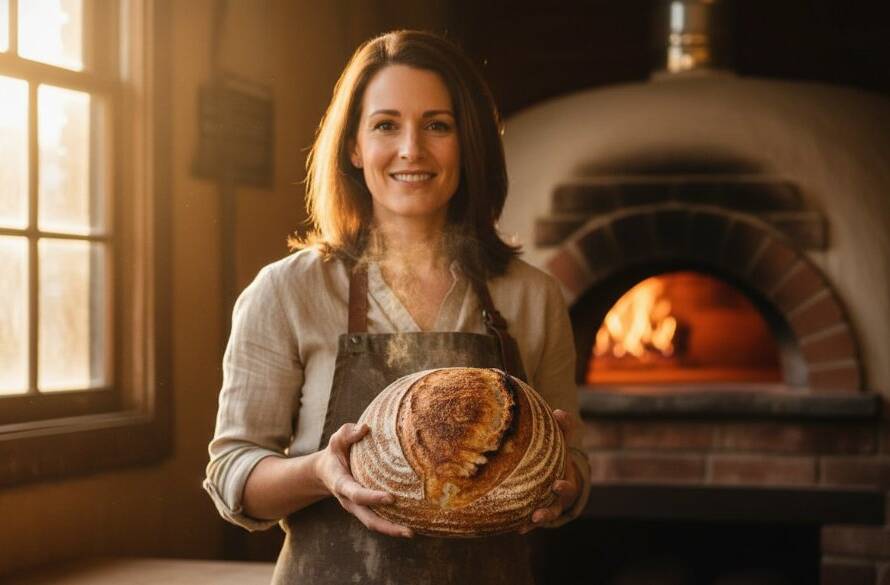 Dynamic Frankston North branding photography for small businesses: A Frankston North artisan baker, beaming with pride, presents a beautifully crafted sourdough loaf, bathed in warm sunlight in a rustic bakery, captured in an epic, vibrant moment.