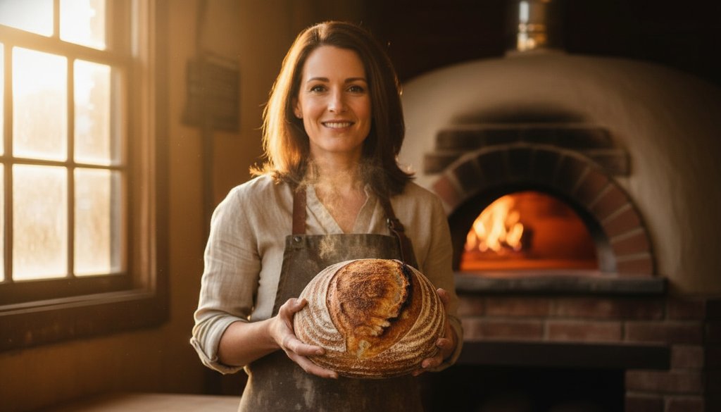 Dynamic Frankston North branding photography for small businesses: A Frankston North artisan baker, beaming with pride, presents a beautifully crafted sourdough loaf, bathed in warm sunlight in a rustic bakery, captured in an epic, vibrant moment.