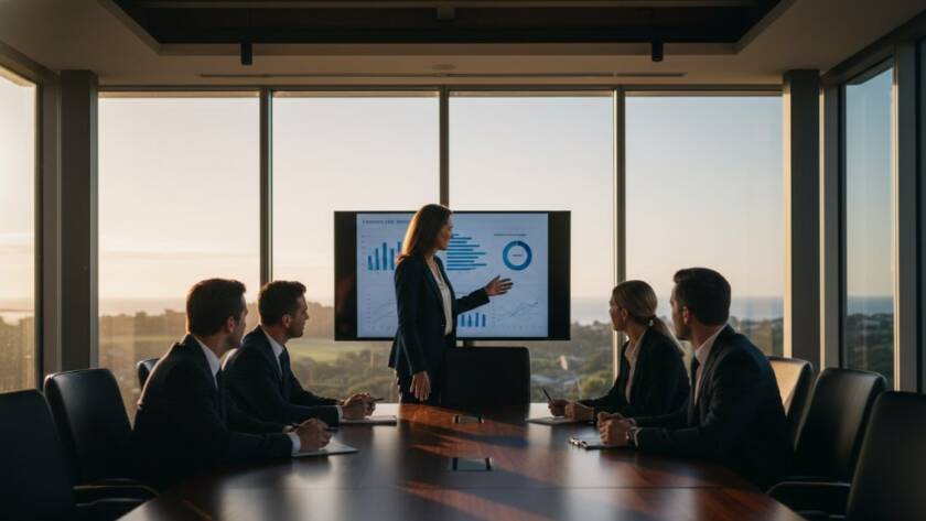 A dynamic Frankston South corporate photography image showcasing a confident business leader silhouetted against a vibrant, modern office interior with dramatic backlighting, reflecting professionalism and vision.
