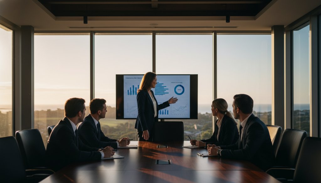 A dynamic Frankston South corporate photography image showcasing a confident business leader silhouetted against a vibrant, modern office interior with dramatic backlighting, reflecting professionalism and vision.