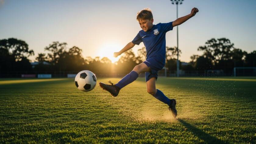An epic, dramatically lit action shot of a young athlete scoring a goal on a Frankston sports field at sunset, capturing the dynamic Frankston youth sports photography style with a focus on emotion and movement.