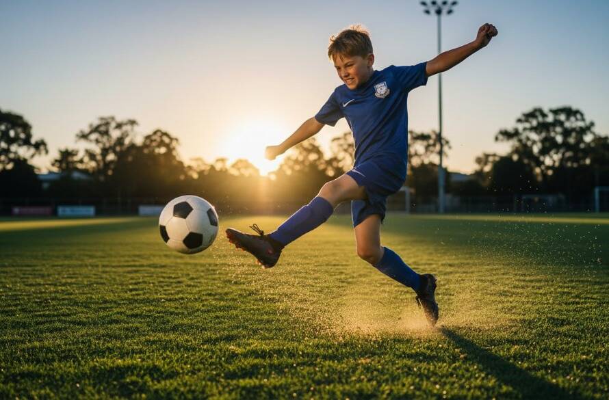 An epic, dramatically lit action shot of a young athlete scoring a goal on a Frankston sports field at sunset, capturing the dynamic Frankston youth sports photography style with a focus on emotion and movement.