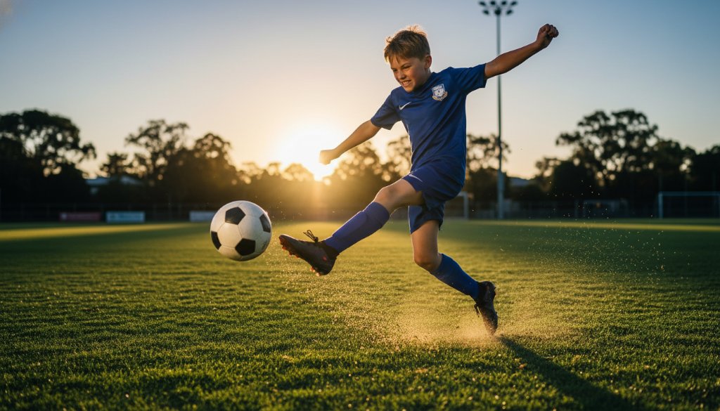 An epic, dramatically lit action shot of a young athlete scoring a goal on a Frankston sports field at sunset, capturing the dynamic Frankston youth sports photography style with a focus on emotion and movement.
