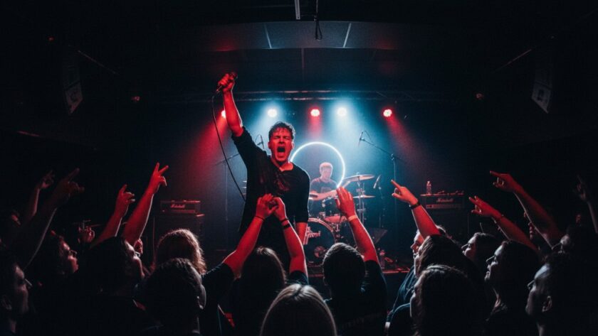 Dramatic wide shot capturing the raw energy of a band performing on stage in a packed Geelong venue, with vibrant stage lights silhouetting the lead singer and a crowd with hands raised, exemplifying dynamic Geelong live music photography.