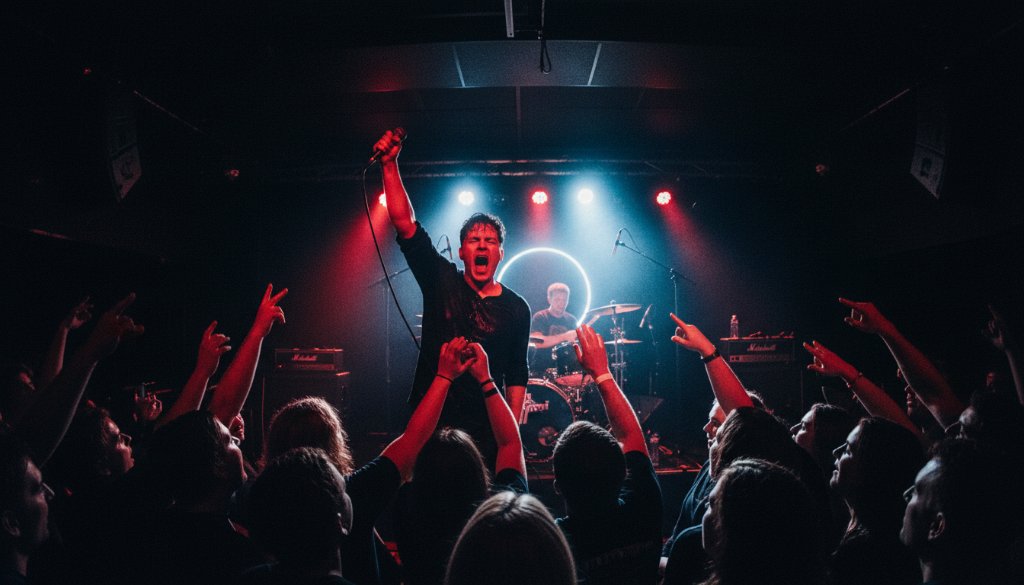 Dramatic wide shot capturing the raw energy of a band performing on stage in a packed Geelong venue, with vibrant stage lights silhouetting the lead singer and a crowd with hands raised, exemplifying dynamic Geelong live music photography.