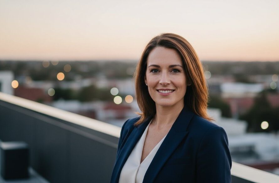 A compelling, dramatically lit professional portrait of a confident business professional in Geelong West, featuring a vibrant, contemporary backdrop that reflects the urban charm of Geelong West. The subject, a diverse individual, exudes competence and approachability, symbolising the impact of dynamic Geelong West business headshots for career growth. Cinematic composition with a shallow depth of field, golden hour light highlighting facial features, and a modern, professional colour grade.