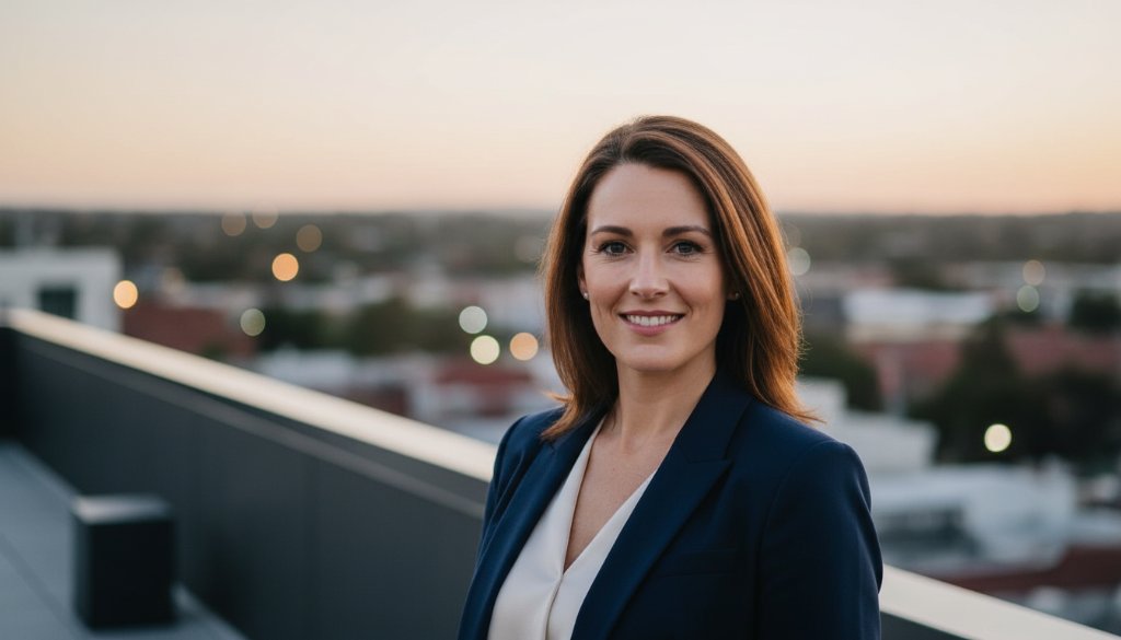 A compelling, dramatically lit professional portrait of a confident business professional in Geelong West, featuring a vibrant, contemporary backdrop that reflects the urban charm of Geelong West. The subject, a diverse individual, exudes competence and approachability, symbolising the impact of dynamic Geelong West business headshots for career growth. Cinematic composition with a shallow depth of field, golden hour light highlighting facial features, and a modern, professional colour grade.