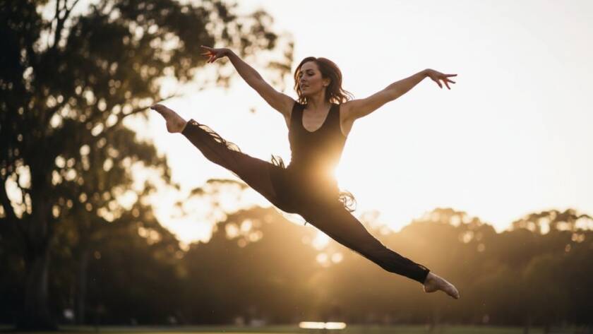 An epic moment of dynamic Glen Iris dance photography artistry, featuring a contemporary dancer mid-air in a powerful leap, silhouetted against a softly blurred, golden hour Glen Iris park backdrop, dramatic lighting highlighting muscular definition.
