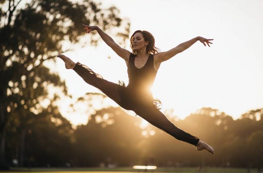 An epic moment of dynamic Glen Iris dance photography artistry, featuring a contemporary dancer mid-air in a powerful leap, silhouetted against a softly blurred, golden hour Glen Iris park backdrop, dramatic lighting highlighting muscular definition.