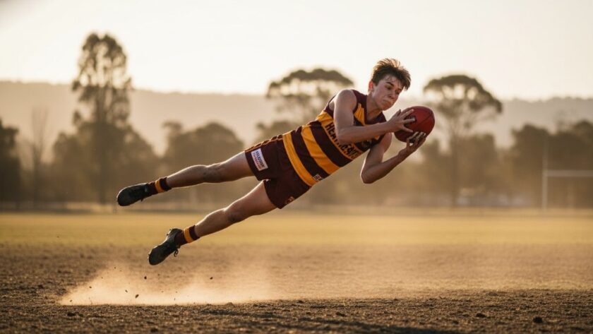 An epic moment of dynamic Heathcote sports photography, capturing a football player mid-air, making a dramatic mark against a golden sunset sky over the Heathcote oval, showcasing raw athletic power.