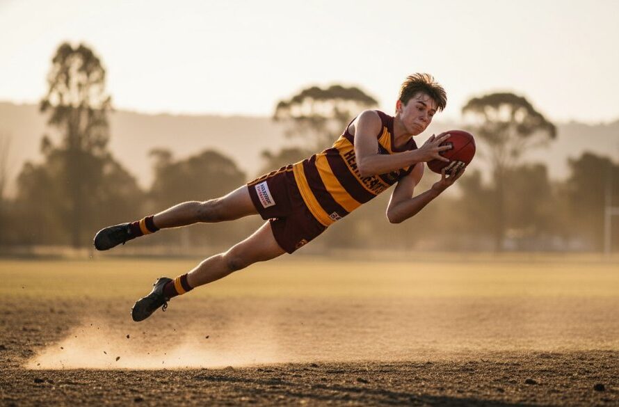 An epic moment of dynamic Heathcote sports photography, capturing a football player mid-air, making a dramatic mark against a golden sunset sky over the Heathcote oval, showcasing raw athletic power.