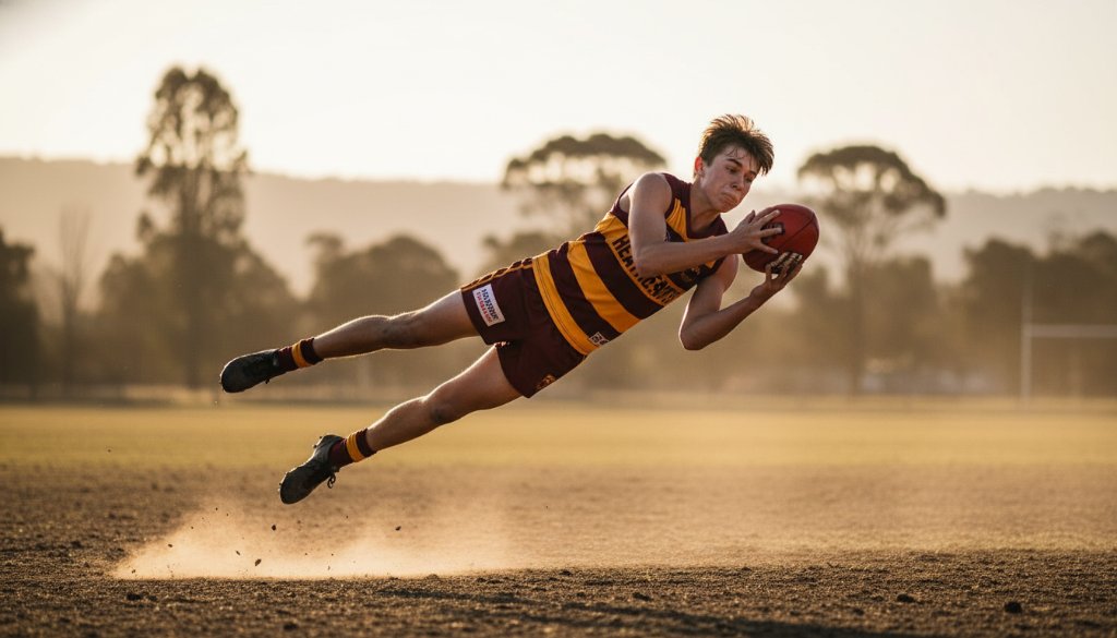 An epic moment of dynamic Heathcote sports photography, capturing a football player mid-air, making a dramatic mark against a golden sunset sky over the Heathcote oval, showcasing raw athletic power.