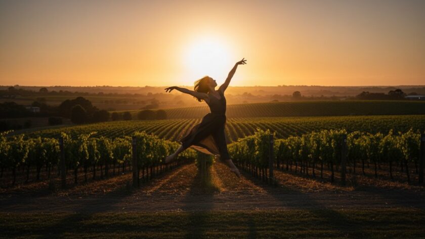 An ethereal and dynamic Irymple dance photography for stunning portraits, featuring a dancer suspended mid-air against a dramatic sunset over Irymple's rural landscape, professionally lit and colour graded.