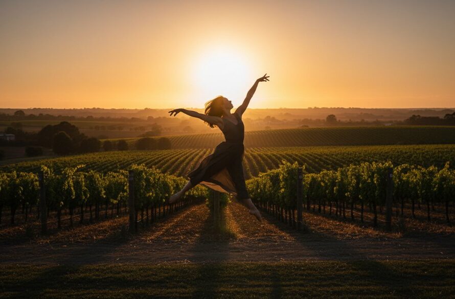 An ethereal and dynamic Irymple dance photography for stunning portraits, featuring a dancer suspended mid-air against a dramatic sunset over Irymple's rural landscape, professionally lit and colour graded.