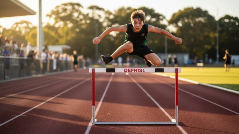 A professional, dramatically lit photograph capturing a junior athlete mid-stride during a hurdles event, showcasing Dynamic Junior Athletics Photography Eumemmerring with intense focus and athleticism at a local Eumemmerring sports ground.