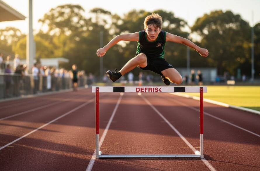 A professional, dramatically lit photograph capturing a junior athlete mid-stride during a hurdles event, showcasing Dynamic Junior Athletics Photography Eumemmerring with intense focus and athleticism at a local Eumemmerring sports ground.