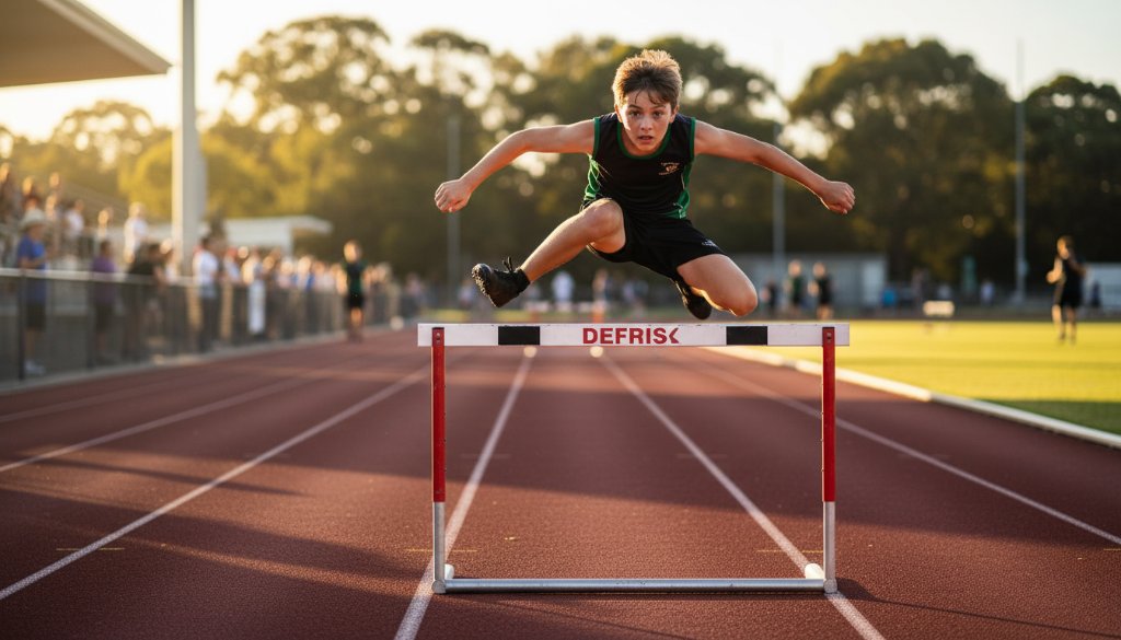 A professional, dramatically lit photograph capturing a junior athlete mid-stride during a hurdles event, showcasing Dynamic Junior Athletics Photography Eumemmerring with intense focus and athleticism at a local Eumemmerring sports ground.