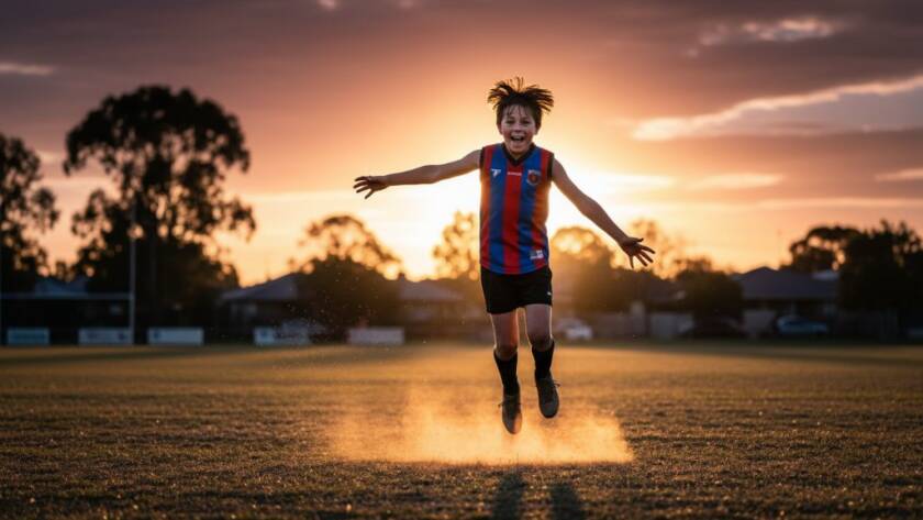 Dynamic junior football photography Croydon North Victoria showing a young footballer in mid-air, kicking a goal under dramatic evening lights, capturing an epic moment of athletic triumph and raw emotion.