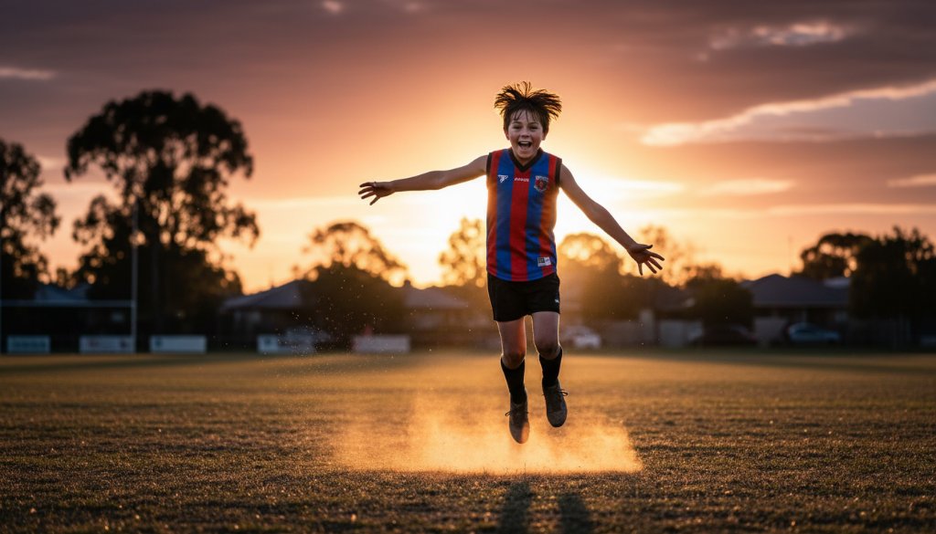 Dynamic junior football photography Croydon North Victoria showing a young footballer in mid-air, kicking a goal under dramatic evening lights, capturing an epic moment of athletic triumph and raw emotion.