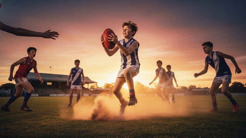 A powerful, low-angle shot capturing the dynamic junior footy photography Maryborough Victoria excels at, showing a young player mid-air, kicking for goal, with dramatic backlighting and the cheering crowd blurred in the background, conveying an epic moment of sporting triumph.