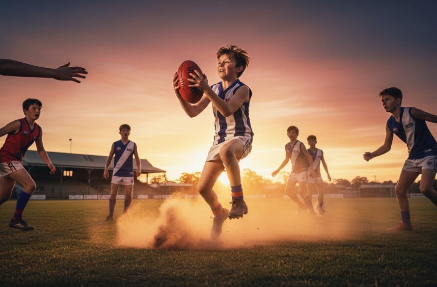 A powerful, low-angle shot capturing the dynamic junior footy photography Maryborough Victoria excels at, showing a young player mid-air, kicking for goal, with dramatic backlighting and the cheering crowd blurred in the background, conveying an epic moment of sporting triumph.