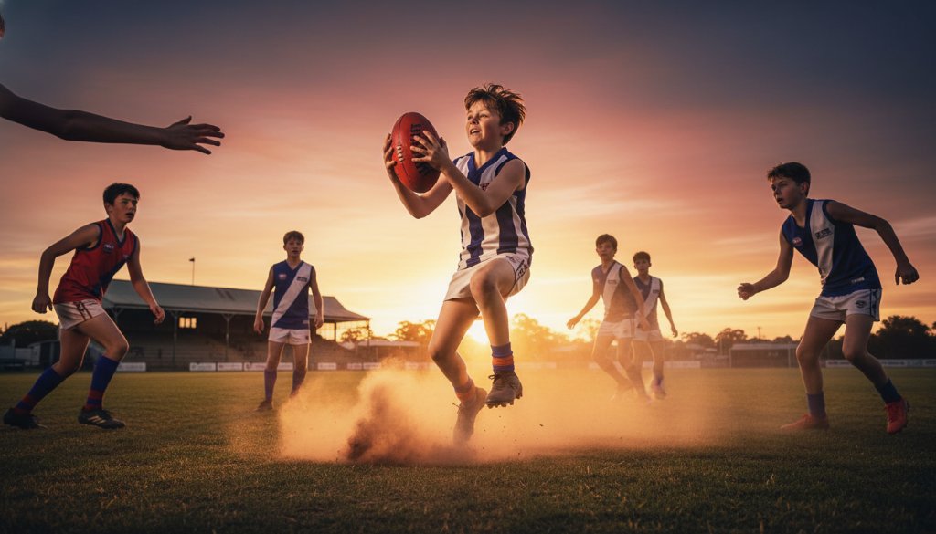 A powerful, low-angle shot capturing the dynamic junior footy photography Maryborough Victoria excels at, showing a young player mid-air, kicking for goal, with dramatic backlighting and the cheering crowd blurred in the background, conveying an epic moment of sporting triumph.