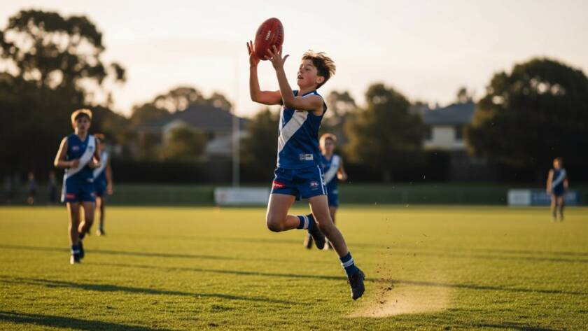 A thrilling, professional photograph capturing a dynamic junior sports photography Ashburton Victoria moment: a young footballer mid-air, scoring a goal at Warner Reserve, under dramatic evening light, showcasing determination and athleticism.