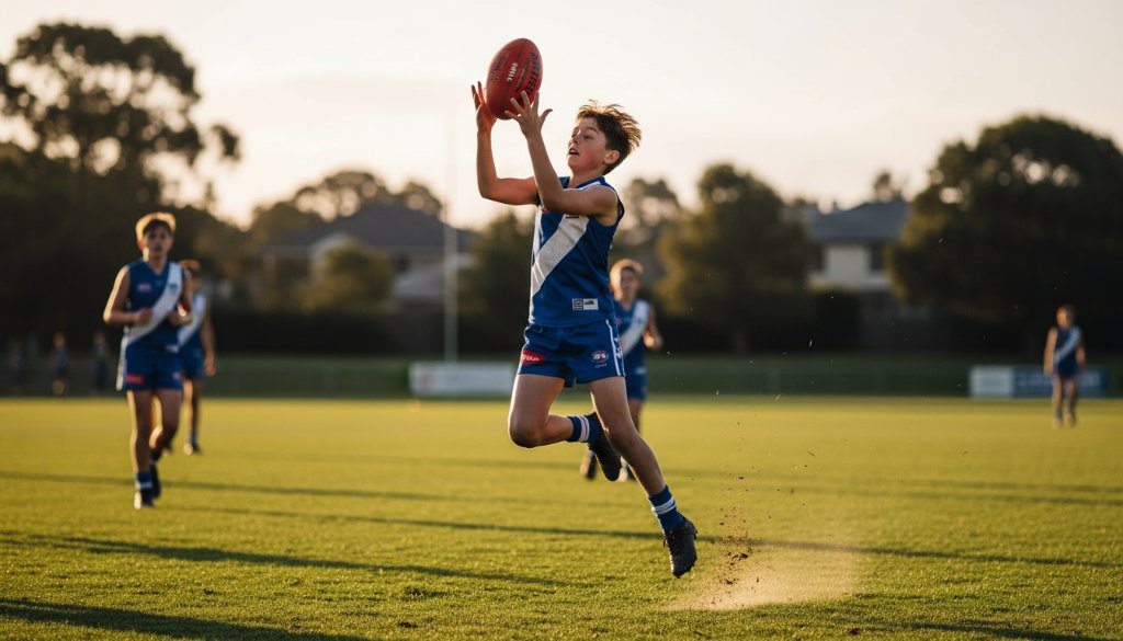 A thrilling, professional photograph capturing a dynamic junior sports photography Ashburton Victoria moment: a young footballer mid-air, scoring a goal at Warner Reserve, under dramatic evening light, showcasing determination and athleticism.