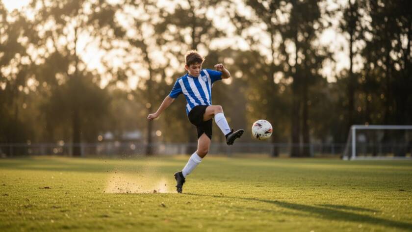 An intense, close-up, wide-angle shot of a young athlete mid-action, triumphantly scoring a goal during a football match at a local park in Bayswater North, capturing a dynamic junior sports photography Bayswater North epic moment. Dramatic evening light, blurred background showcasing the energy of the game.