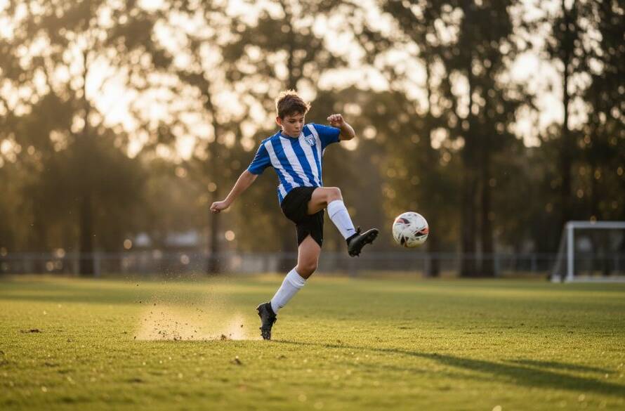 An intense, close-up, wide-angle shot of a young athlete mid-action, triumphantly scoring a goal during a football match at a local park in Bayswater North, capturing a dynamic junior sports photography Bayswater North epic moment. Dramatic evening light, blurred background showcasing the energy of the game.