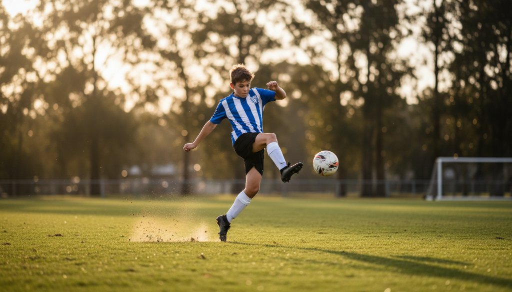 An intense, close-up, wide-angle shot of a young athlete mid-action, triumphantly scoring a goal during a football match at a local park in Bayswater North, capturing a dynamic junior sports photography Bayswater North epic moment. Dramatic evening light, blurred background showcasing the energy of the game.