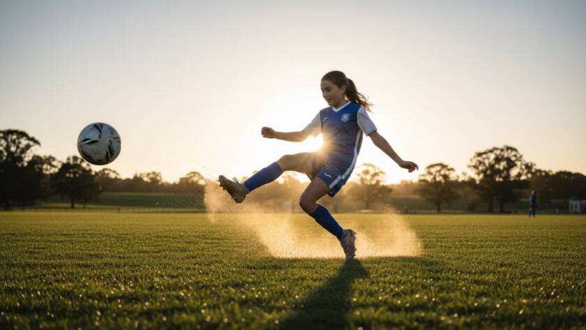 A powerful, low-angle shot of a young soccer player in Beaconsfield, mid-air after kicking a ball towards goal, capturing the dynamic junior sports photography Beaconsfield in an epic moment of intense focus and athletic grace under dramatic golden hour lighting.