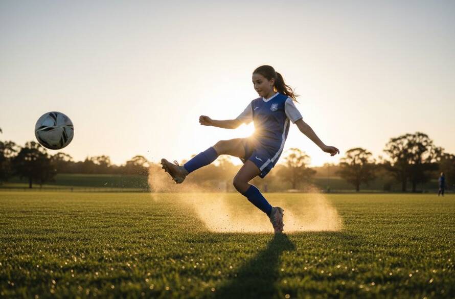 A powerful, low-angle shot of a young soccer player in Beaconsfield, mid-air after kicking a ball towards goal, capturing the dynamic junior sports photography Beaconsfield in an epic moment of intense focus and athletic grace under dramatic golden hour lighting.
