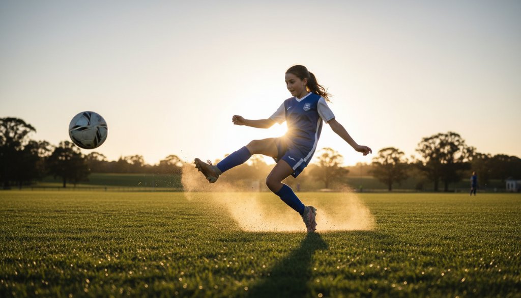 A powerful, low-angle shot of a young soccer player in Beaconsfield, mid-air after kicking a ball towards goal, capturing the dynamic junior sports photography Beaconsfield in an epic moment of intense focus and athletic grace under dramatic golden hour lighting.