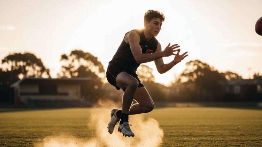 A dynamic junior sports photography Blackburn North shot of a young athlete scoring a goal on a vibrant green field at a local Blackburn North park, captured at sunset with dramatic backlighting and a celebratory expression, showcasing an epic moment of achievement.