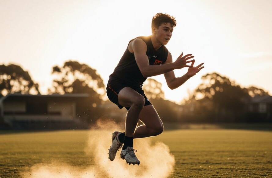 A dynamic junior sports photography Blackburn North shot of a young athlete scoring a goal on a vibrant green field at a local Blackburn North park, captured at sunset with dramatic backlighting and a celebratory expression, showcasing an epic moment of achievement.
