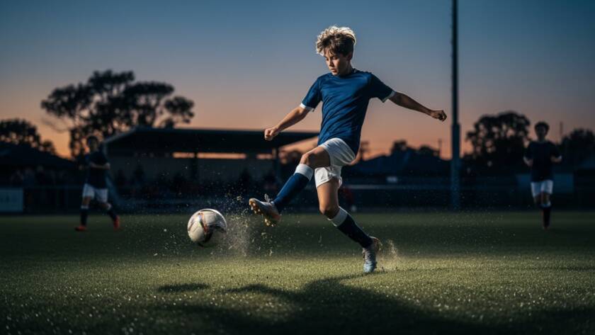 Dynamic junior sports photography Blackburn South capturing a young footballer mid-air, scoring a dramatic goal under stadium lights, with blurred action in the background and a jubilant expression.