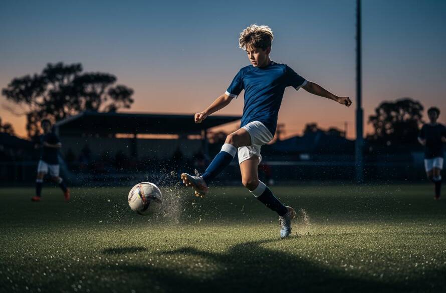 Dynamic junior sports photography Blackburn South capturing a young footballer mid-air, scoring a dramatic goal under stadium lights, with blurred action in the background and a jubilant expression.